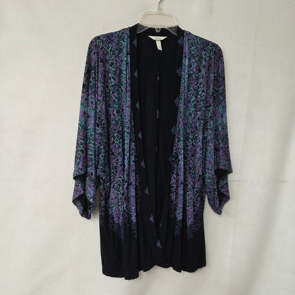 Soma Kimono Cardigan Womens Small Black Purple Teal Geometric Open Front Rayon